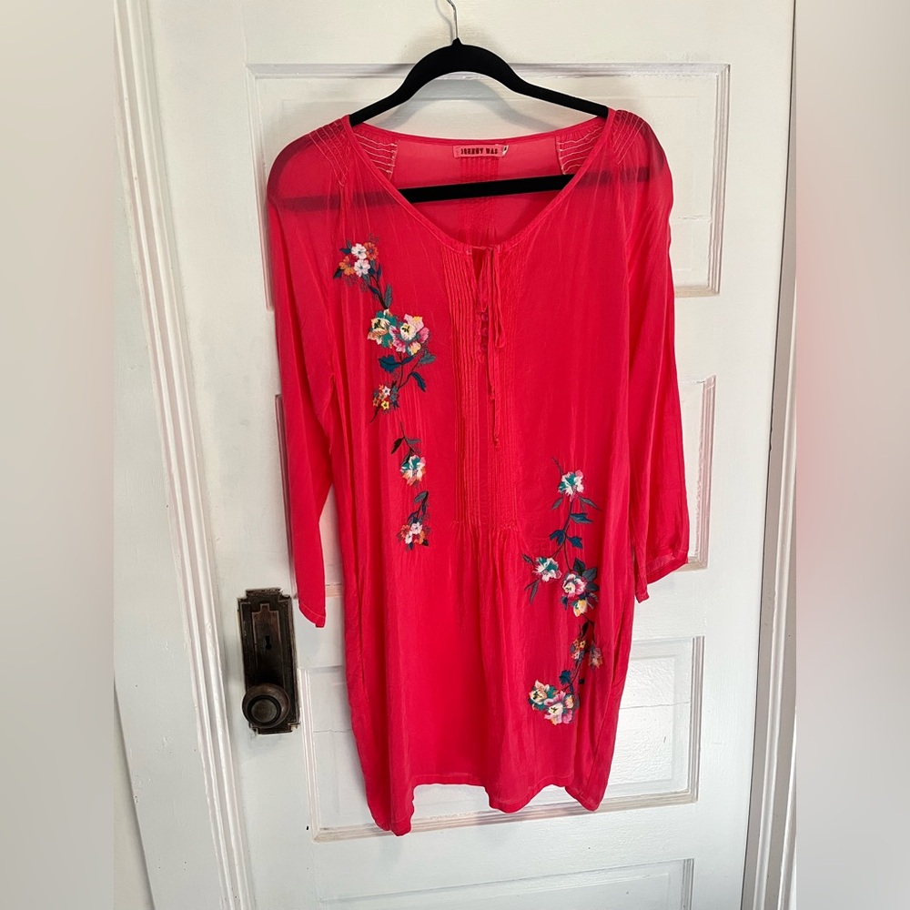Johnny Was Pink Embroidered Floral Boho Tunic Dress Size XS